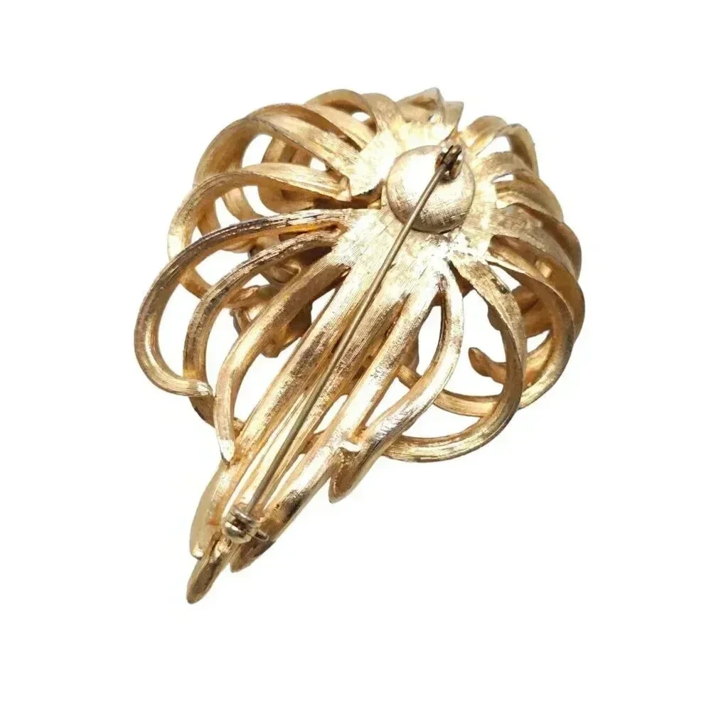 Crystal Textured Leaf Filigree Brooch Pin Gold Tone Vintage